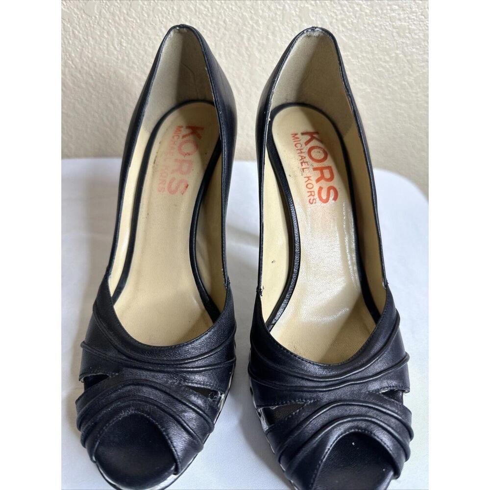 Kors Michael Kors Black‎ Leather Opentoe Platform Heels Pumps Sandals SZ 8 M